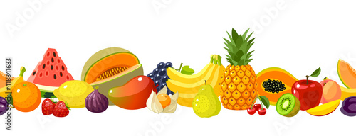 Fototapeta Naklejka Na Ścianę i Meble -  Seamless horizontal composition of colorful cartoon fruits and berries, template element for packaging design. Vector illustration flat icon border set on white background.