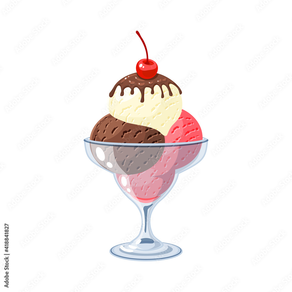 Ice cream sundae colorful scoops in transparent bowl, topped with