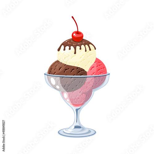 Ice cream sundae colorful scoops in transparent bowl, topped with chocolate glaze and cherry. Frozen sweet dessert, vector illustration cartoon flat icon isolated on white background.