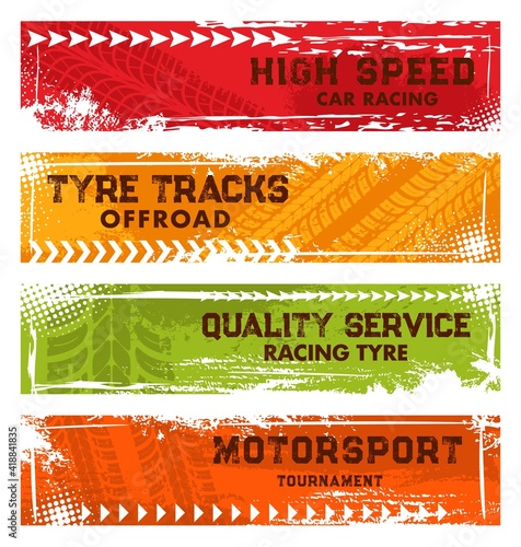 Car racing, off road tracks and motorsport tournament banners. Automobile tire dirty traces, wheel protector trails in mud and vehicle rubber threads vector. Motor race, tyre service grungy banners
