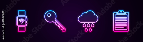 Set line Smartwatch with wireless, Key, Cloud rain and Clipboard document. Glowing neon icon. Vector.