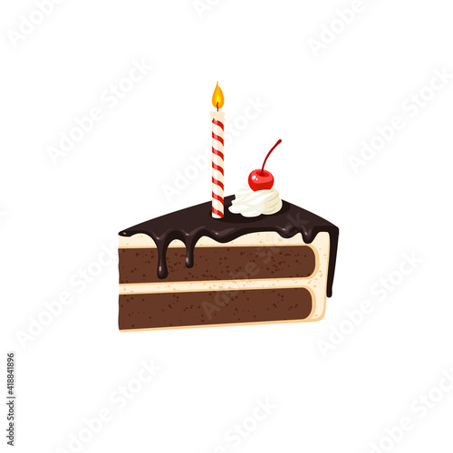 Birthday candle on chocolate cake glazed and topped with whipped cream and cherry. Vector illustration cartoon flat icon isolated on white background.