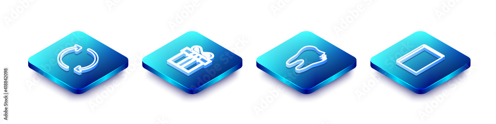 Set Isometric line Refresh, Gift box, Broken tooth and Book icon. Vector. Set Isometric line Refresh, Gift box, Broken tooth and Book icon. Vector.