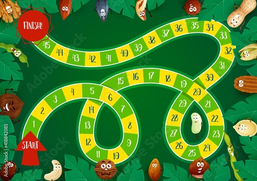 Kids board game vector template, step boardgame with block path, numbers, start, finish and cartoon nuts and seeds characters. Educational children riddle, family or preschool activity, recreation
