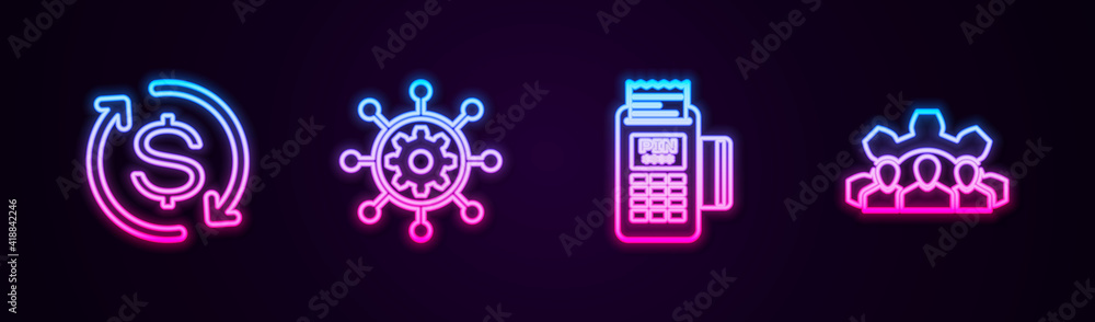 Set line Return of investment, Project management, POS terminal and team base. Glowing neon icon. Vector.