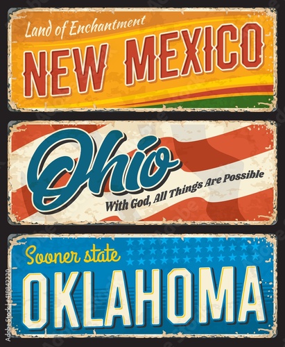 American states, New Mexico, Ohio and Oklahoma vintage vector banners. Signs for travel destination. Retro grunge boards, postcards, antique signboards with typography, touristic landmarks plaques set