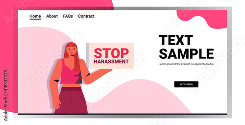 unhappy girl holding sign stop harassment and abuse no sexual violence concept portrait horizontal copy space vector illustration