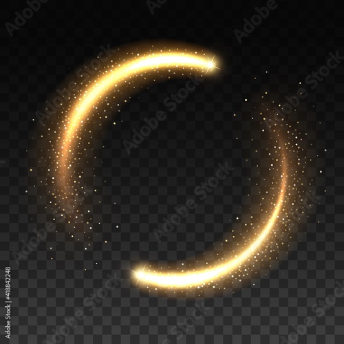 Gold light circle with sparkles, vector magic glow 3d effect. Realistic golden shiny ring or swirl, round frame of flare trail with glitter dust, golden fairy dust isolated on transparent background