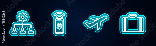 Set line Lead management, Contactless payment, Plane and Suitcase for travel. Glowing neon icon. Vector.