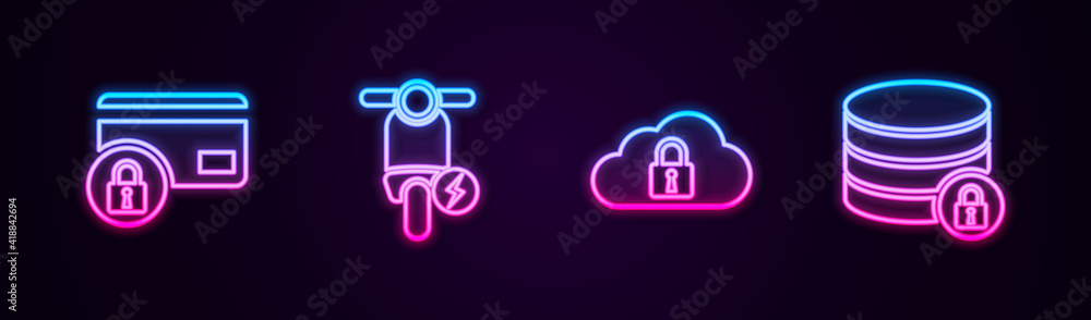 Set line Credit card with lock, Electric scooter, Cloud computing and Server security. Glowing neon icon. Vector. Set line Credit card with lock, Electric scooter, Cloud computing and Server security. Glowing neon icon. Vector.