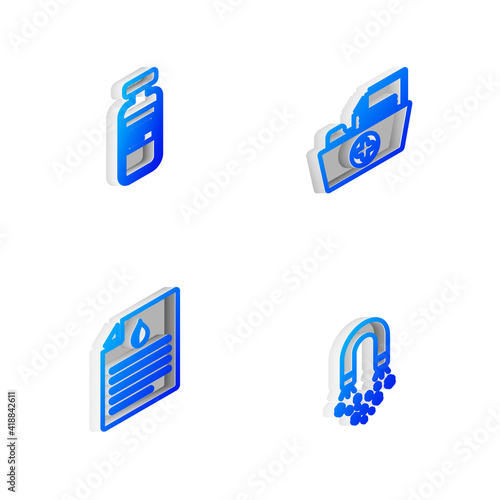 Set Isometric line Health record folder  Medical vial  ampoule  Clipboard with blood test and Magnet money icon. Vector.