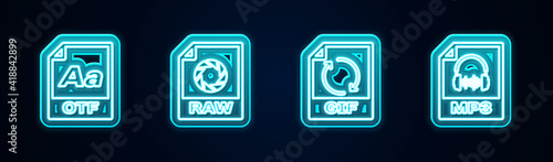 Set line OTF file document, RAW, GIF and MP3. Glowing neon icon. Vector.