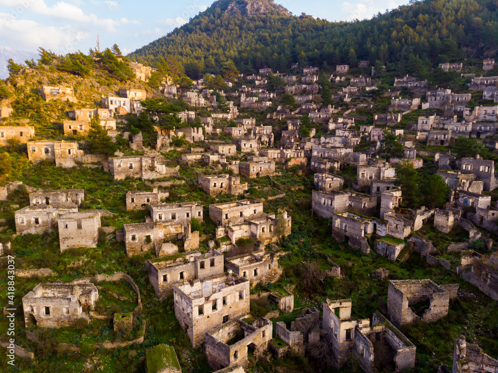 Aerial view of abandoned ghost village Kayakoy near Fethiye, Turkey