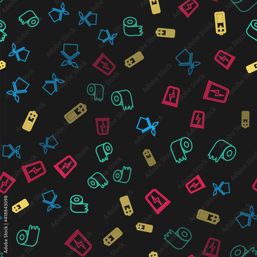 Set line Eco friendly house, Toilet paper roll, Battery charge level indicator and Lightning with trash can on seamless pattern. Vector. Set line Eco friendly house, Toilet paper roll, Battery charge level indicator and Lightning with trash can on seamless pattern. Vector.