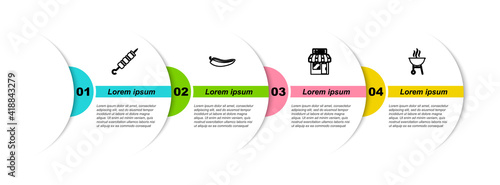 Set line Grilled shish kebab, Hot chili pepper pod, Barbecue shopping building and grill. Business infographic template. Vector.