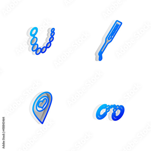 Set Isometric line Spanking paddle, Anal beads, Location with heart and Sexy fluffy handcuffs icon. Vector.