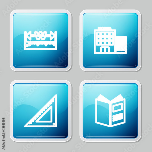 Set line Measuring height and length, Hotel building, Triangular ruler and Open book icon. Vector.