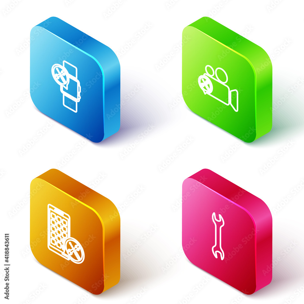 Set Isometric line Smartwatch service, Video camera, Mobile Apps and Wrench icon. Vector. Set Isometric line Smartwatch service, Video camera, Mobile Apps and Wrench icon. Vector.