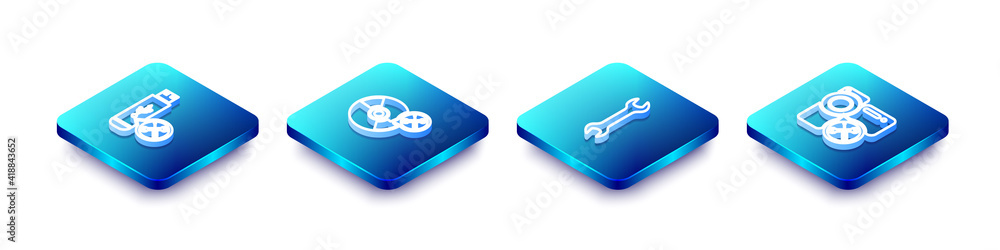 Set Isometric line USB flash drive service, CD or DVD disk, Wrench and Video camera icon. Vector. Set Isometric line USB flash drive service, CD or DVD disk, Wrench and Video camera icon. Vector.