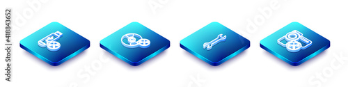 Set Isometric line USB flash drive service, CD or DVD disk, Wrench and Video camera icon. Vector.
