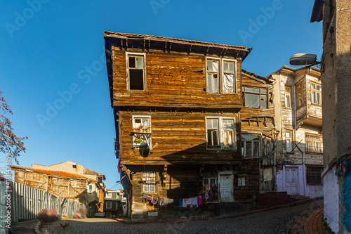 View of ramshackle houses in residential quarter Eminonu, Fatih district in Istanbul, Turkey. Shooting date 2021.