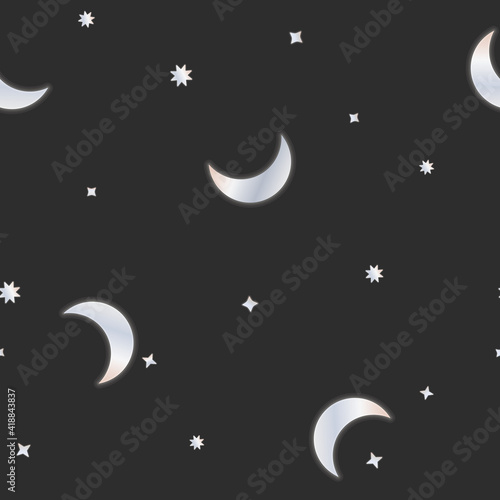 Vector Night Sky of Crescent Moon and Stars with Silver Metal Effect seamless pattern background. Perfect for fabric, scrapbooking and wallpaper projects.