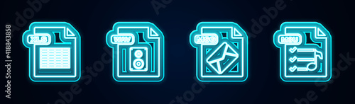 Set line XLS file document, WAV, MSG and M3U. Glowing neon icon. Vector.