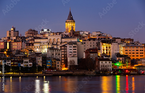 View of Istanbul from Golden Horn and Galata Bridge in the evening