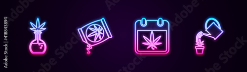 Set line Test tube with marijuana, Marijuana or cannabis seeds, Calendar and and Watering. Glowing neon icon. Vector.