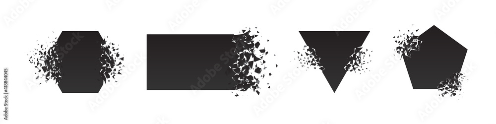 Shape shattered and explodes flat style design vector illustration set isolated on white background. Pentagon, triangle, rectangle, hexagon shapes in grayscale gradient explosion. - obrazy, fototapety, plakaty 