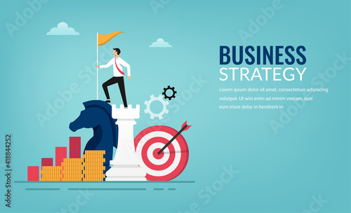 Business and planning strategy concept. Successful businessman standing on chess pieces vector illustration.