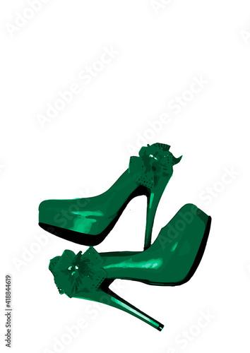 Dressed shoes on the platform with a bow on a high thin heel. Shoes. Green