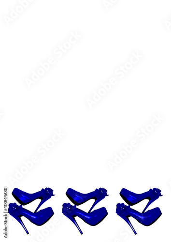 Frames on a white background A4, vertical - Dressed blue shoes on the platform with a bow on a high thin heel. Shoes.