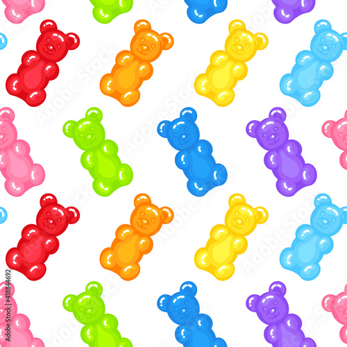 Gummy bear jelly sweet candy seamless pattern with amazing flavor flat style design vector illustration. Bright colorful jelly delicious sweets isolated on white background.