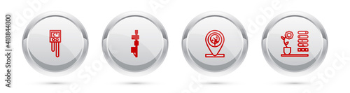 Set line Temperature and humidity sensor, Standalone, Location tree and Flower status. Silver circle button. Vector.