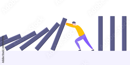 Business resilience or domino effect metaphor vector illustration concept. Adult young businessman pushing falling domino line business concept of problem solving and stopping domino chain reaction.