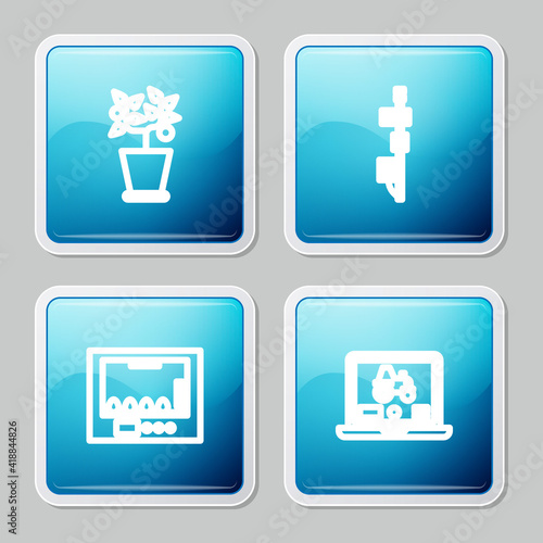Set line Plant in pot, Standalone sensor, Incubator for eggs and Laptop application smart farm icon. Vector.
