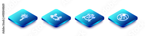 Set Isometric line Flower producing pollen, Crab, Parasite mite and Man having headache icon. Vector.