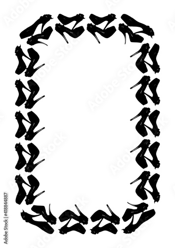 Frames on a white background A4, vertical - Dressed black shoes on the platform with a bow on a high thin heel. Shoes