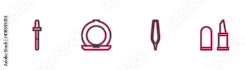 Set line Pipette, Eyebrow tweezers, Makeup powder with mirror and Lipstick icon. Vector.