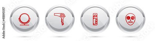Set line Round makeup mirror, Hair dryer, Shaving gel foam and Facial cosmetic mask. Silver circle button. Vector.