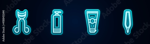Set line Eyelash curler, Cream cosmetic tube, Lotion and Eyebrow tweezers. Glowing neon icon. Vector.