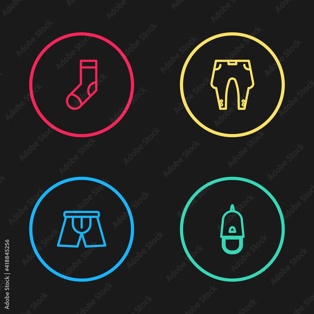 Set line Men underpants, Police cap with cockade, Pants and Socks icon. Vector. Set line Men underpants, Police cap with cockade, Pants and Socks icon. Vector.