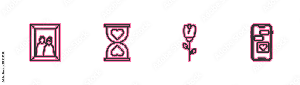 Set line Picture frame, Flower rose, Heart in the center hourglass and Mobile with heart icon. Vector. Set line Picture frame, Flower rose, Heart in the center hourglass and Mobile with heart icon. Vector.