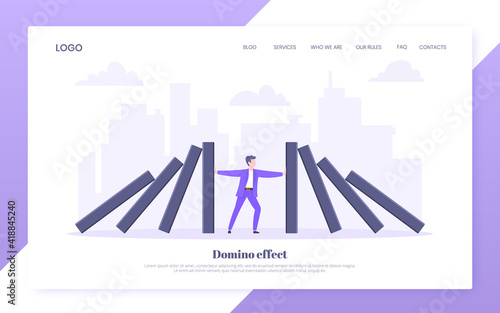 Domino effect or business resilience metaphor vector illustration concept. Adult young businessman pushing falling domino line business concept of problem solving and stopping domino chain reaction.