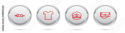 Set line Bow tie, T-shirt, Police cap with cockade and Clutch bag. Silver circle button. Vector.