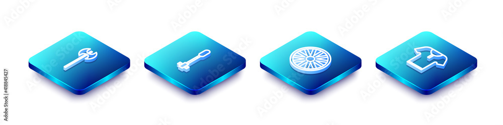 Set Isometric line Medieval axe, Torch flame, Old wooden wheel and Body armor icon. Vector. Set Isometric line Medieval axe, Torch flame, Old wooden wheel and Body armor icon. Vector.