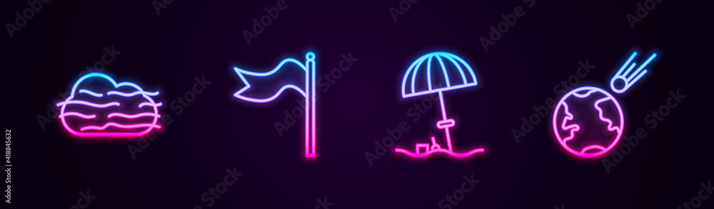 Set line Fog and cloud, Meteorology windsock wind vane, Sun protective umbrella for beach and Comet falling down fast. Glowing neon icon. Vector.