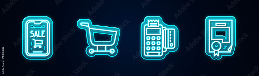 Set line Mobile phone and shopping cart, Shopping, POS terminal with credit card and Certificate template. Glowing neon icon. Vector. Set line Mobile phone and shopping cart, Shopping, POS terminal with credit card and Certificate template. Glowing neon icon. Vector.