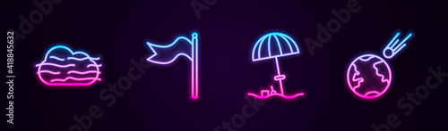 Set line Fog and cloud, Meteorology windsock wind vane, Sun protective umbrella for beach and Comet falling down fast. Glowing neon icon. Vector.